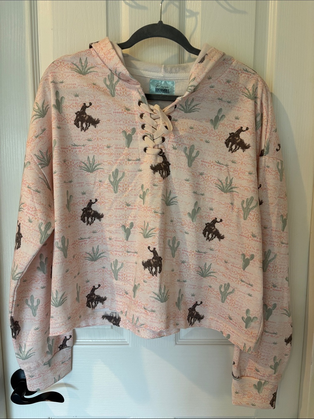 Rock & Roll Cowgirl Horse and Cactus Pink Hoodie with Desert Rodeo Print